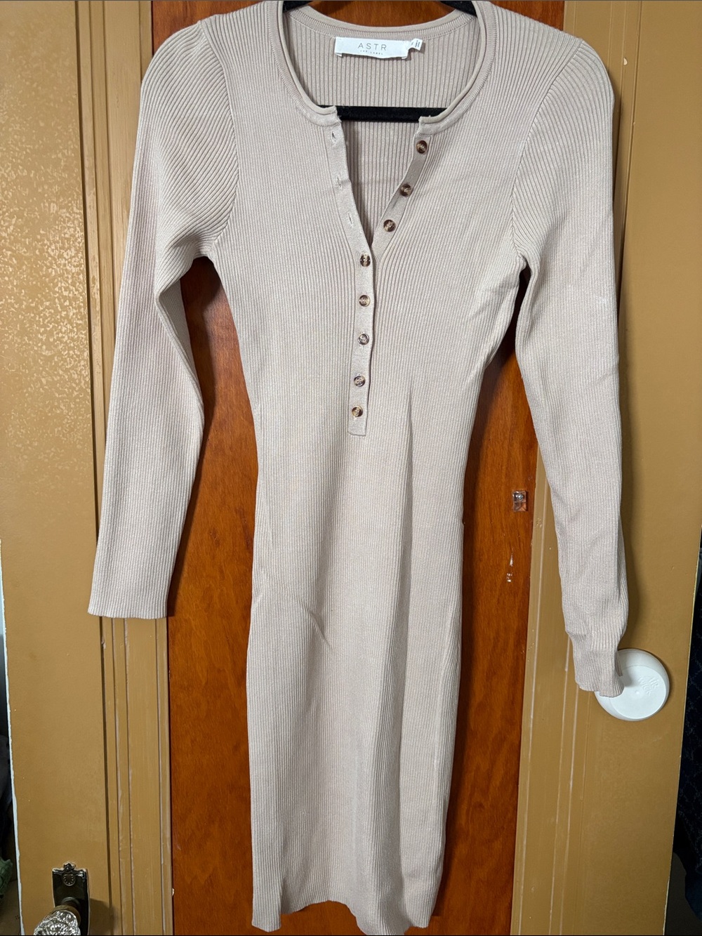 Astr Beige Ribbed Henley Long Sleeve Midi Dress